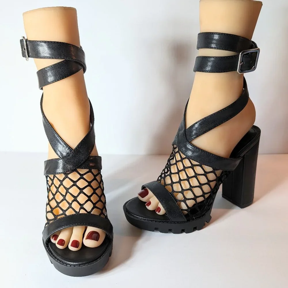 Cape Robbin Black Netted Strappy Chunky High Heels - Picture 4 of 13